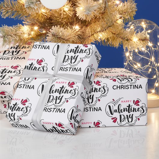Papier Cadeau Simple Rouge et Blanc Joyeuse Saint-Valentin Nom (Vacances)
