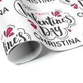 Papier Cadeau Simple Rouge et Blanc Joyeuse Saint-Valentin Nom (Coin rond)