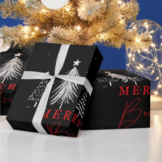 Papier Cadeau Simple sapin de Noël Joyeux et brillant | Noir (Vacances)