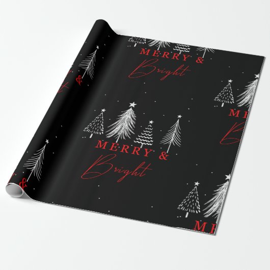 Papier Cadeau Simple sapin de Noël Joyeux et brillant | Noir (Déroulé)