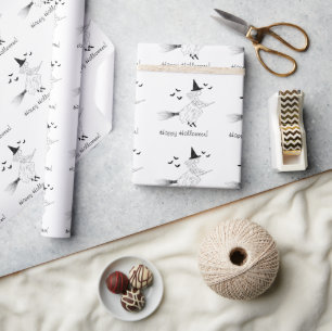 Papier Cadeau Simple Sorcière et Chauves-souris Dessin au trait