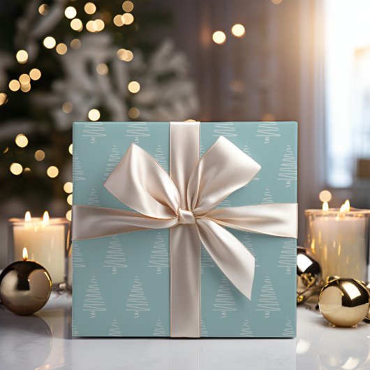 Papier Cadeau Simples Arbres De Noël Bleu Vert Et Blanc