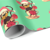 Papier Cadeau Singe de Noël Mignonne Rouge Vert (Coin rond)