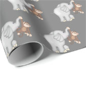 Papier Cadeau Singe et éléphant sur gris (Coin rond)