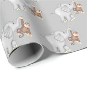 Papier Cadeau Singe et éléphant sur gris (Coin rond)