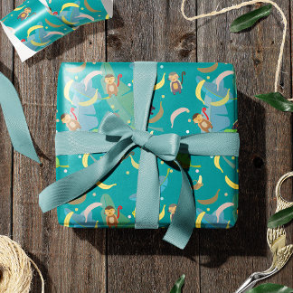 Papier Cadeau Singe mignon et bananes dans l'arbre Motif Anniver