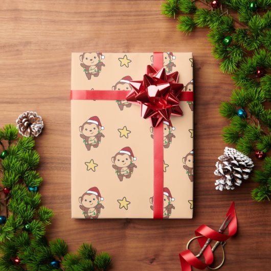 Papier Cadeau Singe Noël Animaux d'hiver Singes Enveloppement P (Cadeau de vacances)