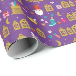 Papier Cadeau Sinterklaas rencontré huisjes, zak kadootjes en sn