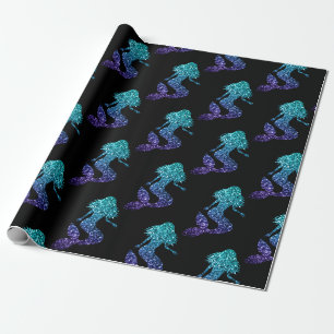 Papier Cadeau Sirène bleu aqua ombré motif paillettes noir