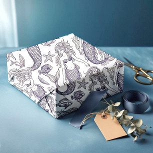 Papier Cadeau Sirène Bleue Vintage & Motif de Vie Marine