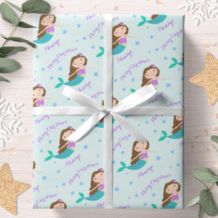 Papier Cadeau Sirène Noël Paillettes Violet Personnalisé