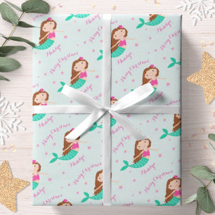 Papier Cadeau Sirène Noël rose Turquoise personnalisé