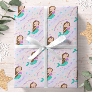 Papier Cadeau Sirène Noël Violet Paillettes Or Personnalisé