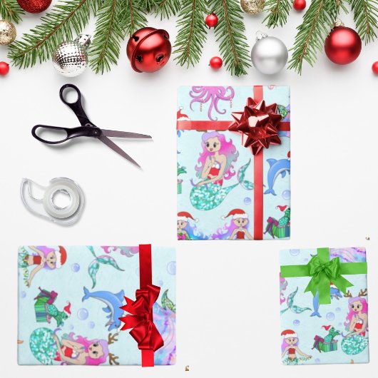 Papier Cadeau Sirènes Fêtant Noël Avec Des Amis