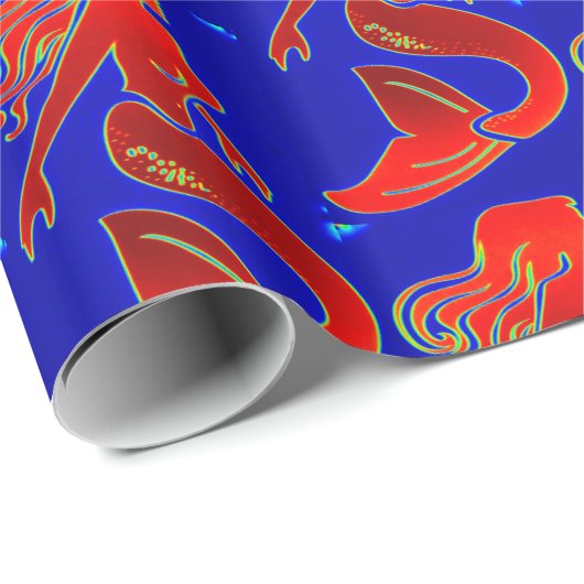 Papier Cadeau sirènes rouges sur bleu foncé (Coin rond)