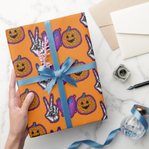 Papier Cadeau Skeleton Citrouille Peace Love Halloween
