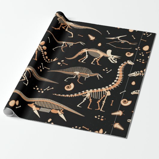 Papier Cadeau Skeletons de dinosaures et fossiles motif (Déroulé)