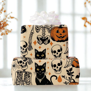 Papier Cadeau Skeletons d'Halloween vintages, Chats noirs et Cit