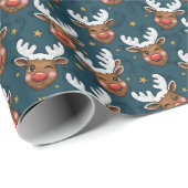 Papier Cadeau Sketchy Winking Reindeer Face Teal Pattern (Coin rond)