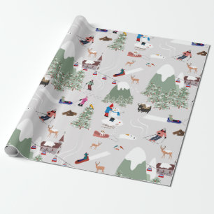 Papier Cadeau Ski de neige d'hiver Pistes de ski de montagne Pay