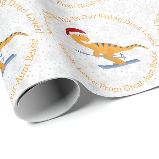 Papier Cadeau Ski de Noël personnalisé Orange Dinosaur (Coin rond)