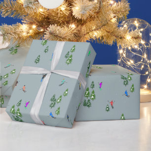 Papier Cadeau Ski d'ouverture Noël Ski de vacances Skieurs Bleu