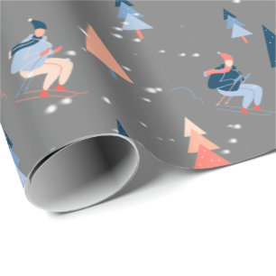 Papier Cadeau Skier Dans Les Snowflakes Sur Grey