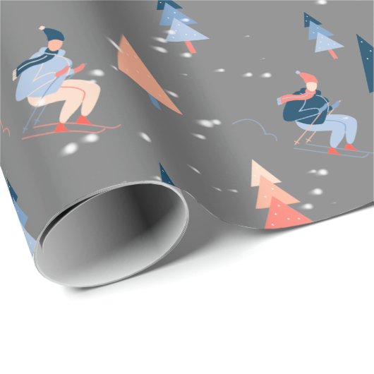 Papier Cadeau Skier Dans Les Snowflakes Sur Grey (Coin rond)