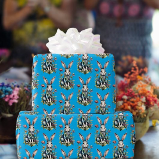 Papier Cadeau Sky Blue Cute Aquarelle Bunny Floral Pâques