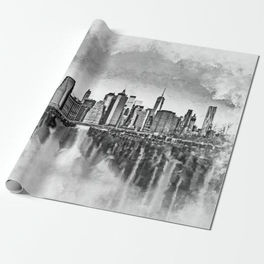 Papier Cadeau Skyline New York City Manhattan - noir et blanc (Déroulé)