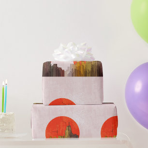 Papier Cadeau Skyline urbain avec Red Sun Grunge Cityscape