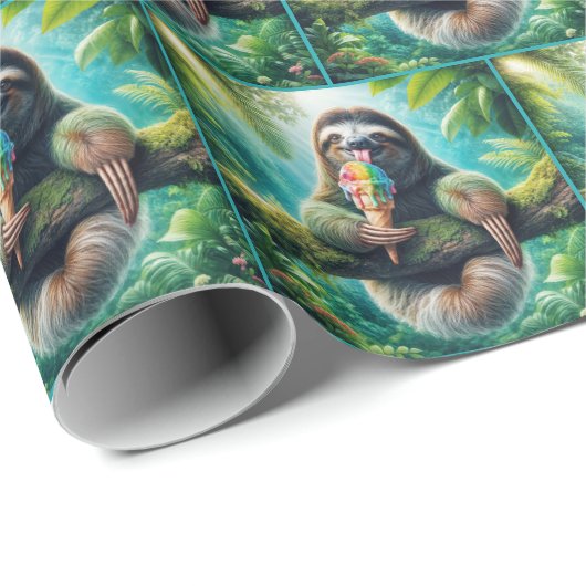 Papier Cadeau Sloth Licking a Rainbow Ice Cream Cone (Coin rond)