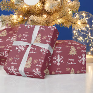 Papier Cadeau Snowflake Holiday Tree Motif sur Maroon