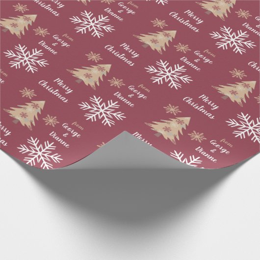 Papier Cadeau Snowflake Holiday Tree Motif sur Maroon (Coin)
