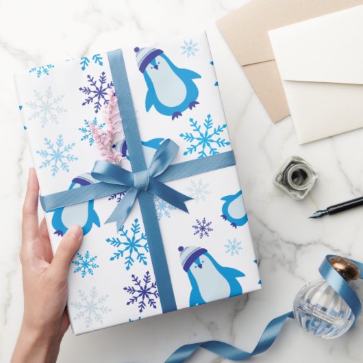 Papier Cadeau Snowflakes bleu et pingouins mignons Blanc sans jo (Cadeaux)