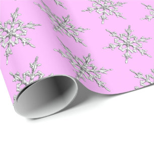 Papier Cadeau Snowflakes, cristaux d'argent sur glace rose