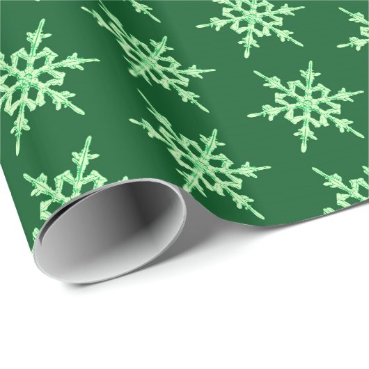 Papier Cadeau Snowflakes, cristaux vert pâle sur vert foncé (Coin rond)