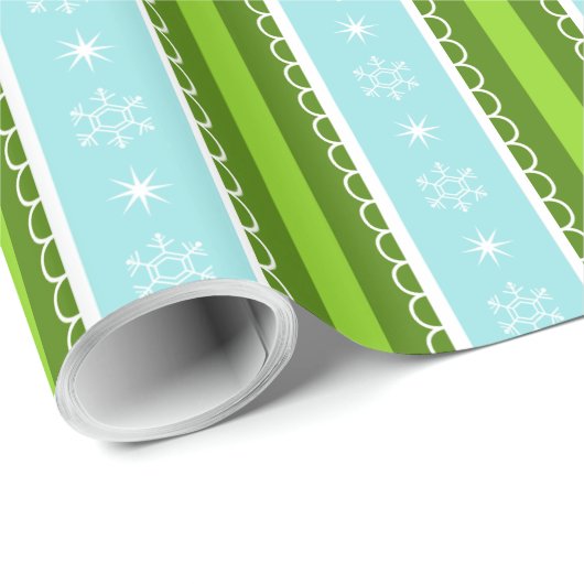 Papier Cadeau Snowflakes de Noël Motif à rayures bleu et vert (Coin rond)