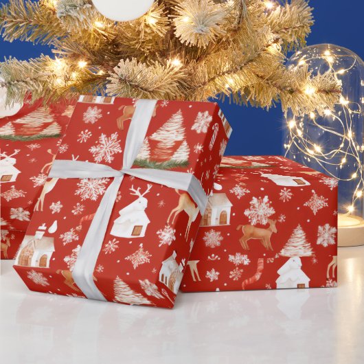 Papier Cadeau Snowflakes de rennes Pays Noël rouge (Vacances)