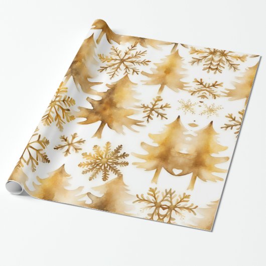 Papier Cadeau Snowflakes Gold Arbres de vacances (Déroulé)