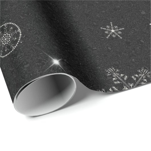 Papier Cadeau Snowflakes Parties scintillant Black Christmas Chi (Coin rond)