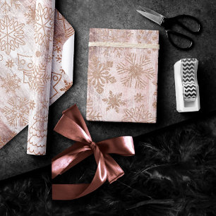 Papier Cadeau Snowflakes rustiques Arbre or Rose et Père Noël