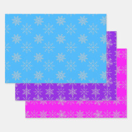 Papier Cadeau Snowflakes sur Bleu, Violet & Pink Feuille Set de