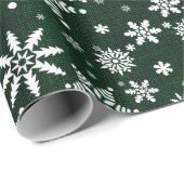 Papier Cadeau Snowflakes - Tissu de Burlap Vert foncé (Coin rond)