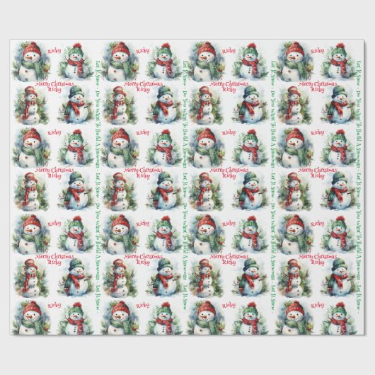 Papier Cadeau Snowman Ajouter Nom de l'enfant Grotesse de Noël (Plat)