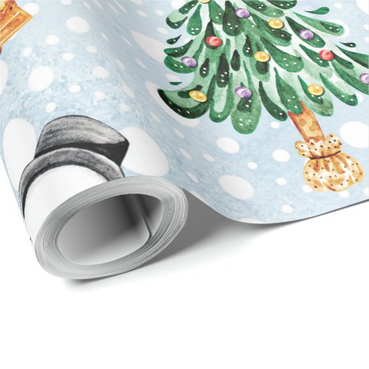 Papier Cadeau Snowman Avec Fir Tree En Aquarelle Motif (Coin rond)