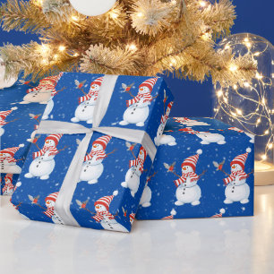 Papier Cadeau Snowman de Noël avec Oiseau en Bleu