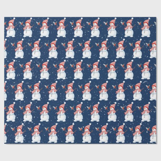 Papier Cadeau Snowman de Noël avec Oiseau en Bleu (Plat)