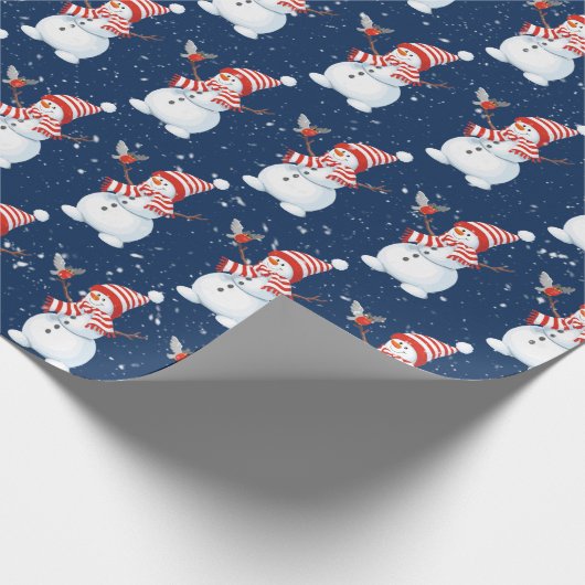 Papier Cadeau Snowman de Noël avec Oiseau en Bleu (Coin)