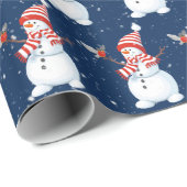 Papier Cadeau Snowman de Noël avec Oiseau en Bleu (Coin rond)